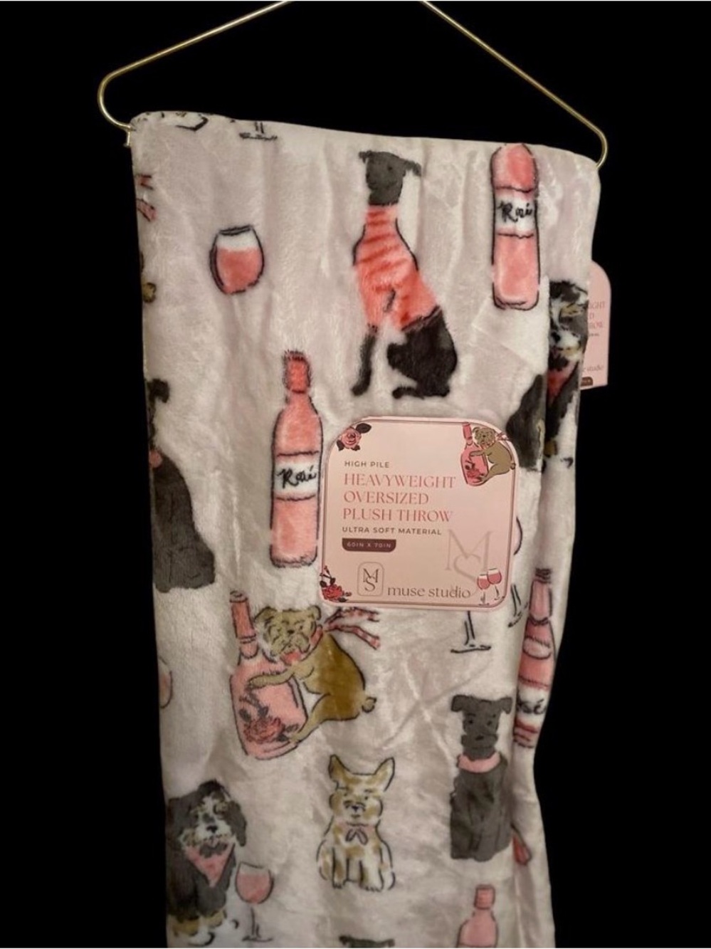 Muse Studio Heavyweight Oversized Plush Throw - Pink/White Dog & Wine Print